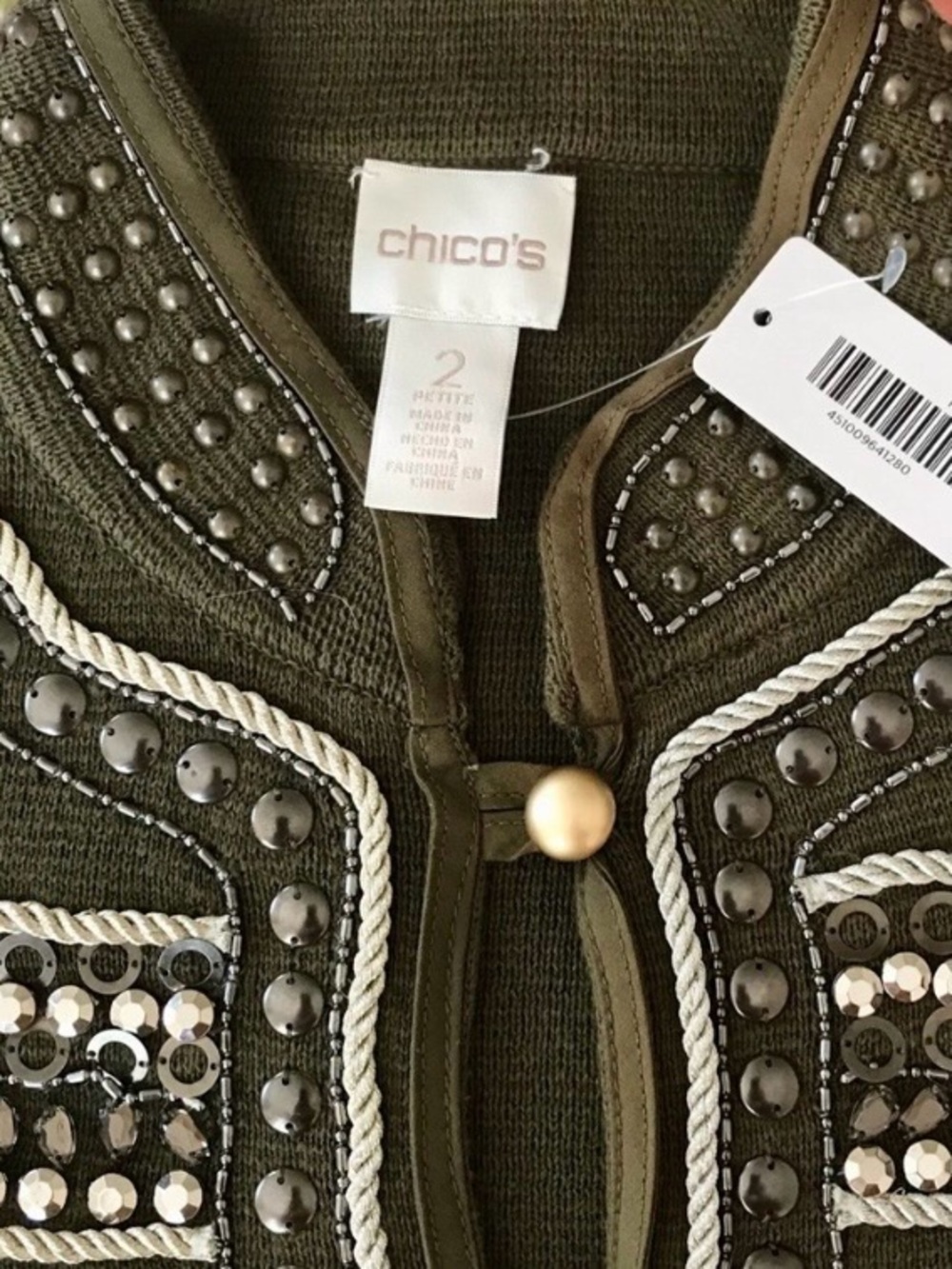 CHICO’S PETITE L 100% COTTON MILITARY STYLE EMBELLISHED CARDIGAN AMBERED OLIVE